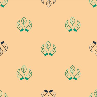 Yeşil ve siyah El, bitki simgesinin bir yaprağını bej arka planda izole edilmiş, pürüzsüz bir desen olarak tutuyor. Doğayı koru. Yaprak, çevre korumasıyla çekiliyor. Vektör