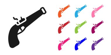 Siyah Vintage tabanca ikonu beyaz arkaplanda izole edildi. Eski bir silah. Simgeleri renklendirin. Vektör