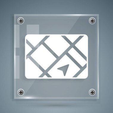 Gri arkaplanda harita simgesine sahip beyaz GPS aygıtı. Kare cam paneller. Vektör