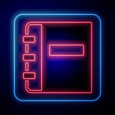 Parlayan neon not defteri simgesi siyah arkaplanda izole edildi. Spiral not defteri simgesi. Okul defteri. Yazı tahtası. Okul günlüğü. Vektör