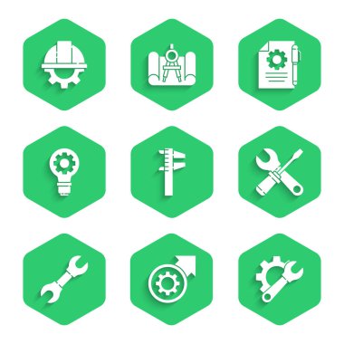 Calliper, kalibre ve ölçeği, dişli okları iş akışı süreci, İngiliz anahtarı takımı, tornavida anahtarı, ampul, Belge ayarları kalem ve İşçi kaskı simgesi olarak ayarla. Vektör