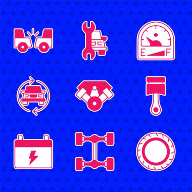 Güç motorunu, Chassis 'i, araba tekerleğini, motor pistonunu, aküyü, servisi, motor benzini göstergesini ve kaza ikonunu ayarlayın. Vektör