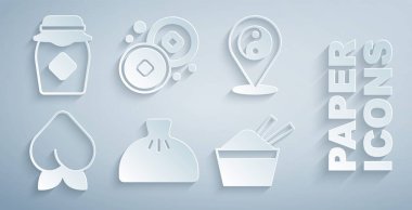 Hamur köftesi, Yin Yang sembolü şeftali meyvesi ya da nektarin çubuklu buz kasesi Çin Yuan parası ve bal ikonu kavanozu. Vektör