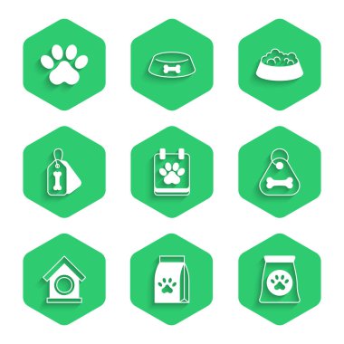 Takvim hazırlama, evcil hayvan için yiyecek çantası, kemik, ev, evcil hayvan tasması kedi köpek ve Paw baskı ikonu. Vektör