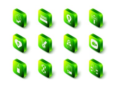 Boks yüzüğü, eldiven, tahta, atlama ipi, spor açıcı, MMA ve Dumbbell simgesi. Vektör