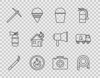 Hattı kurun, sigara, yangın hortumu makarası, kova, alev, kazma, yanan evde, ilk yardım çantasında ve su kamyonu ikonunda. Vektör