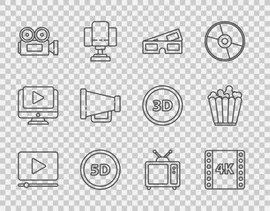 Set line Online oyun videosu, 4k film, kaset, çerçeve, 3D sinema gözlükleri, 5d sanal gerçeklik, Sinema kamerası, Megaphone, Retro TV ve Popcorn kutusu ikonu. Vektör