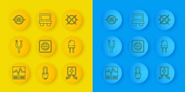 Elektrik ölçüm araçları, kablo, prize, trafo, ışık yayan diyot, devre şeması ve fünye simgesini ayarla. Vektör