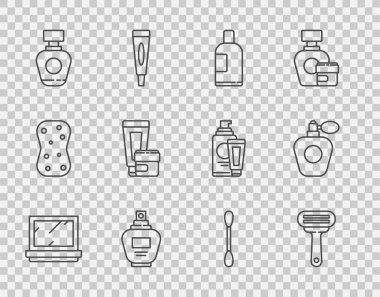 Ayna, tıraş bıçağı, bir şişe şampuan, parfüm, krem losyon kozmetik tüpü, kulak ve ikon için pamuklu çubuk. Vektör