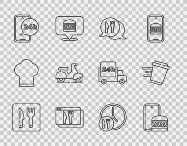 Çevrimiçi sipariş verme, yemek, scooter, 24 saat kahve fincanı ve kahve kupası. Vektör