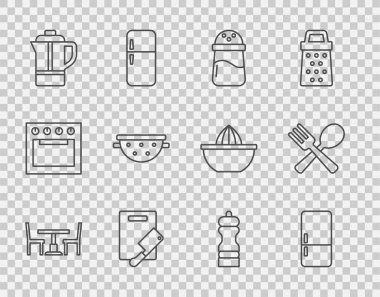 Sıralı ahşap masa, sandalye, buzdolabı, tuz, kesme tahtası ve et helikopteri, çaydanlık, mutfak süzgeci, biber ve çapraz çatal kaşık ikonu. Vektör