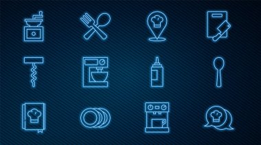 Chef 'in şapkasını konuşma balonunda ayarla, Spoon, konumu, elektrikli karıştırıcı, şarap tirbuşonu, manuel kahve öğütücüsü, sos şişesi ve çapraz çatal ve kaşık ikonu. Vektör
