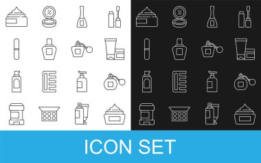 Krem ya da losyon kozmetik tüpü, parfüm, tırnak cilası şişesi, dosya ve ikonu ayarlayın. Vektör