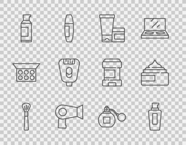 Makyaj fırçası, şampuan, krem ya da losyon tüpü, saç kurutma makinesi, saç spreyi kutusu, Epilatör, parfüm ve ikon. Vektör