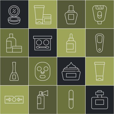 Parfüm, krem ya da losyon kozmetik tüpü, ayak için sünger taşı, göz farı paleti ayna ve ikon ile makyaj tozu. Vektör