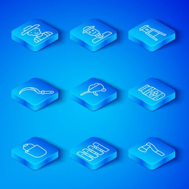 Çizgi Kova, çamurlu el arabası, bahçe çitleri ahşap, bal kavanozu, su kulesi, orak, şapkalı çiftçi ve tahta balta ikonu. Vektör