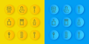 Ateş, kibrit kutusu, kibrit kutusu, barbekü çatalı, sos şişesi, Brick sobası, spatula ve mutfak önlüğü ikonu. Vektör