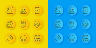 Hat hazır, enkaz petrol tankeri gemisi, küresel ısınma yangını, kömür treni vagonu, Dünya 'yı tutan el, buzulların erimesi, fıçı ve tornado ikonu. Vektör