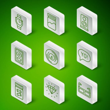 Gözlük, Elmas, Bilek saati, Vinil disk, CD ödül çerçevesi, plastik uyuşturucu torbası, kurşunlu kanıt ve Yo argo harf simgesi. Vektör