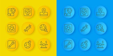 İngiliz anahtarı, altın külçesi, İHA, Petrol parası, Dünya ve kitap, Oilfield ve Arkeoloji ikonlu büyüteç. Vektör