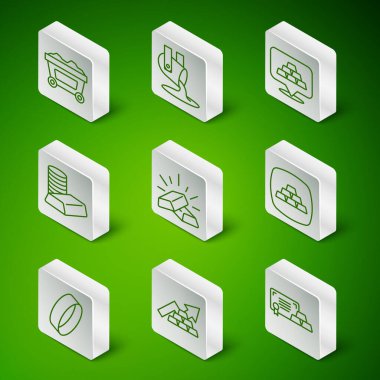 Sertifikalı altın külçeler, büyüyen ok altını, maden arabası, bozuk para, eriyen madeni para, yüzük ve ikon dökülüyor. Vektör