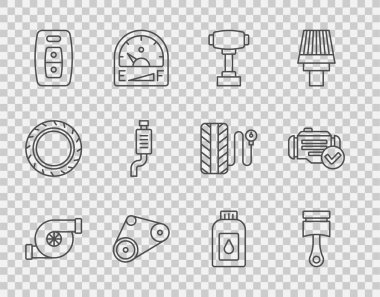 Otomotiv turbo şarj, motor pistonu, vites kolu, zamanlayıcı, uzaktan kumandalı araba anahtarı, egzoz tüpü motor yağı ve motor simgesini kontrol et. Vektör