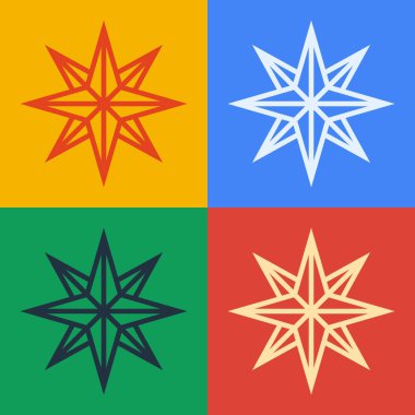 Pop sanat eseri Rüzgar gülü simgesi renk arkaplanında izole edildi. Seyahat için pusula simgesi. Navigasyon tasarımı. Vektör.