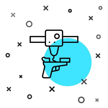 Siyah çizgi 3D yazıcı tabancası simgesi beyaz arkaplanda izole edildi. 3D baskı. Rastgele dinamik şekiller. Vektör.