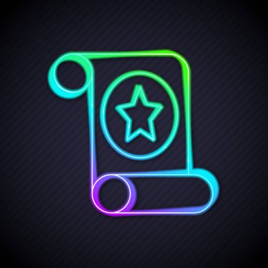 Parlayan neon çizgisi Sihirli parşömen simgesi siyah arkaplanda izole edildi. Karar, kağıt, parşömen, parşömen ikonu. Vektör.