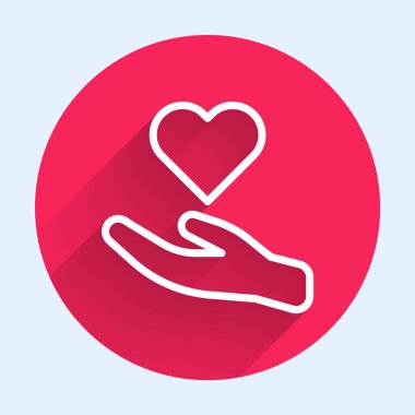 Beyaz çizgi kalp, uzun gölgeyle izole edilmiş bir ikon. El çabukluğu aşk sembolü. Sevgililer Günü sembolü. Kırmızı daire düğmesi. Vektör.