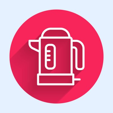 Beyaz çizgi elektrikli su ısıtıcısı ikonu uzun gölge arkaplan izole. Çaydanlık ikonu. Kırmızı daire düğmesi. Vektör