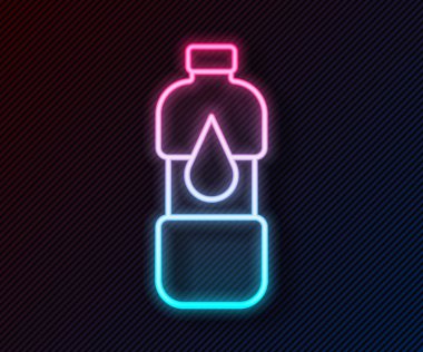 Parlayan neon hattı. Siyah arka planda izole edilmiş bir su ikonu şişesi. Soda su içme tabelası. Vektör