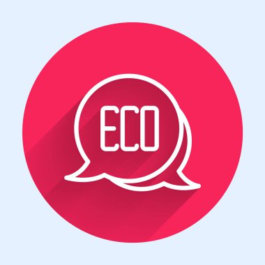 Beyaz çizgi Yaprak Eko sembolü uzun gölge arkaplan izole. Pankart, etiket, etiket, logo, çevre yeşili etiketi. Kırmızı daire düğmesi. Vektör