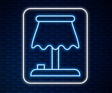 Parlak neon çizgili masa lambası ikonu tuğla duvar arka planında izole edildi. Vektör