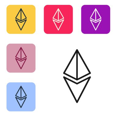 Siyah çizgi kripto para birimi Ethereum ETH simgesi beyaz arkaplanda izole edildi. Altcoin sembolü. Engelleme zinciri tabanlı şifreli para birimi. Renkli kare düğmelerle simgeleri ayarla. Vektör