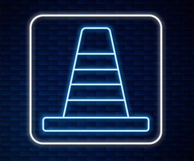 Parlayan neon hattı trafik konisi simgesi tuğla duvar arka planında izole edildi. Vektör