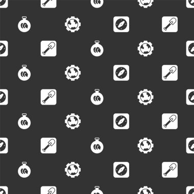 Pusulayı, küreği, mineralleri, kayaları, dişli tekerlekleri ve toprağı pürüzsüz desene ayarlayın. Vektör