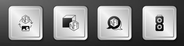 NFT Dijital Şifreleme Sanatı ve Video Grafik Kart simgesini ayarla. Gümüş kare düğme. Vektör