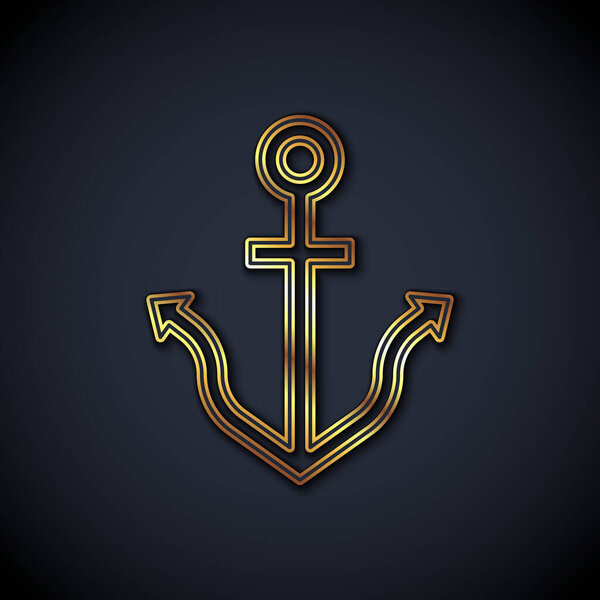 Gold line Anchor icon isolated on black background.  Vector.