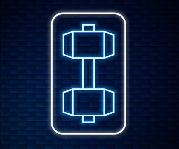 Linea Neon Incandescente Icona Dumbbell Isolato Sfondo Muro Mattoni Sollevamento — Vettoriale Stock