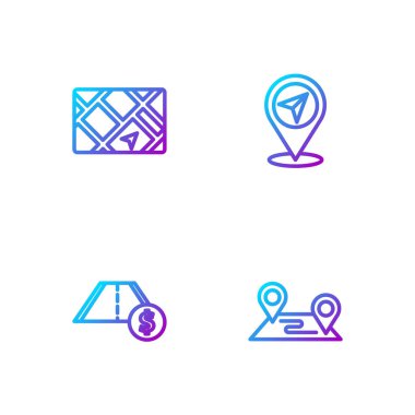 Hat güzergahı konumu, paralı yol trafiği, harita ve harita şifreli GPS cihazı ayarlayın. Renk simgeleri. Vektör