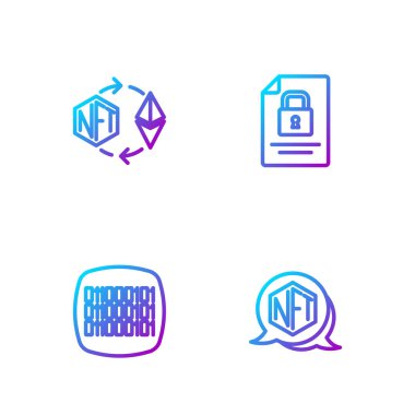 Satır NFT Dijital Şifreleme Sanatı, İkili Kod, Ethereum Değişimi, Belge ve Kilit. Renk simgeleri. Vektör