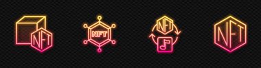 NFT dijital şifreleme sanatı, engelleme zinciri teknolojisi ve... Parlayan neon ikonu. Vektör