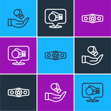 Çizgi boks eldiveni, kemer ve ikon ayarla. Vektör