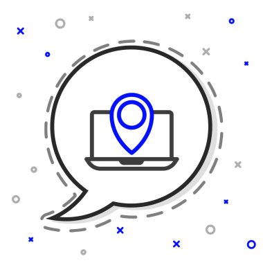 Beyaz arkaplanda konum imleci simgesine sahip dizüstü bilgisayar. Renkli taslak konsepti. Vektör