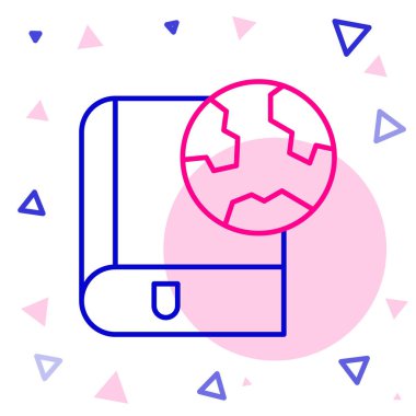 Beyaz arka planda izole edilmiş çizgi Dünya küresi ve kitap ikonu. Dünya ya da Dünya işareti. Küresel internet sembolü. Geometrik şekiller. Renkli taslak konsepti. Vektör