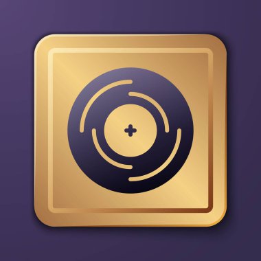 Mor Vinil disk simgesi mor arkaplanda izole edildi. Altın kare düğme. Vektör.