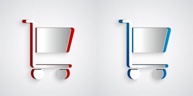 Kağıt kesiği, gri arka planda izole edilmiş alışveriş arabası simgesi. İnternetten satın alma konsepti. Servis tabelası. Süpermarket sepeti sembolü. Kağıt sanatı tarzı. Vektör