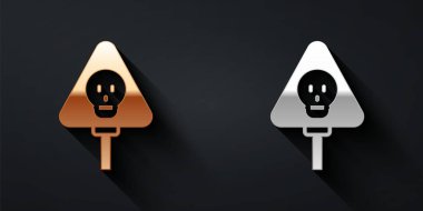 Siyah zemin üzerinde izole edilmiş altın ve gümüş kemikler ve kafatası toksik uyarı ikonu olarak gösterilir. Uzun gölge tarzı. Vektör