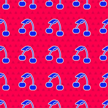 Kırmızı arkaplanda mavi kiraz simgesi izole edilmiş. Yaprak sembollü meyve. Vektör